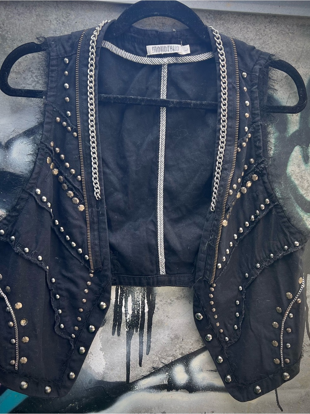 Monoreno Black Studded Cropped Vest with Multi Studs & Silver Chain Trim